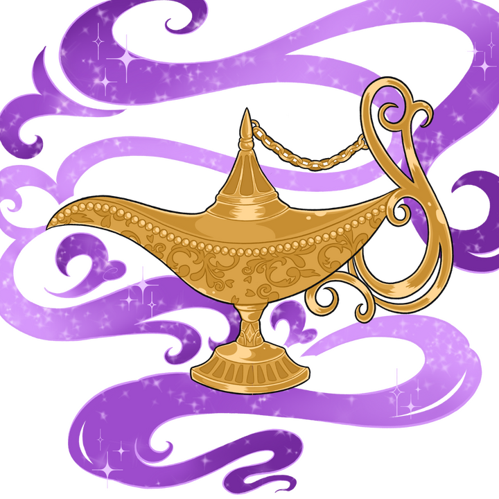 An image of a djinn's lamp, surrounded with a swirling, sparkling, lavender, and purple smoke. The icon is drawn by komahart